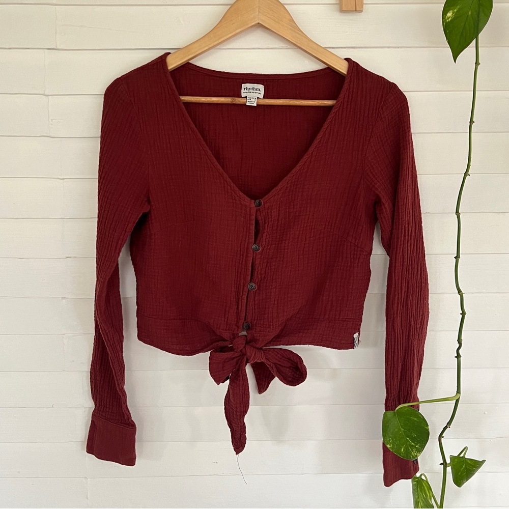 Rhythm. women’s long sleeve tie waist button down burgundy